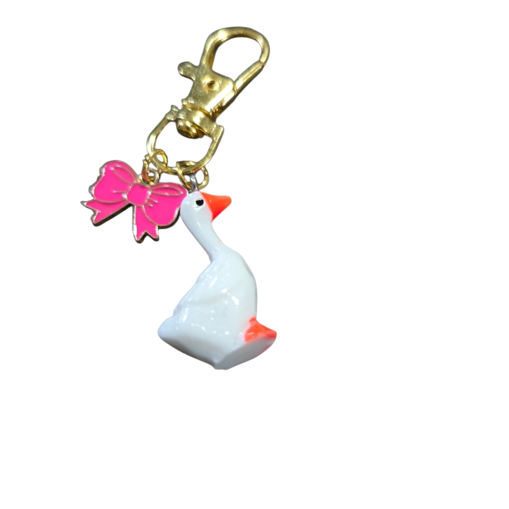 Cute White Goose Keychain with Pink Bow
